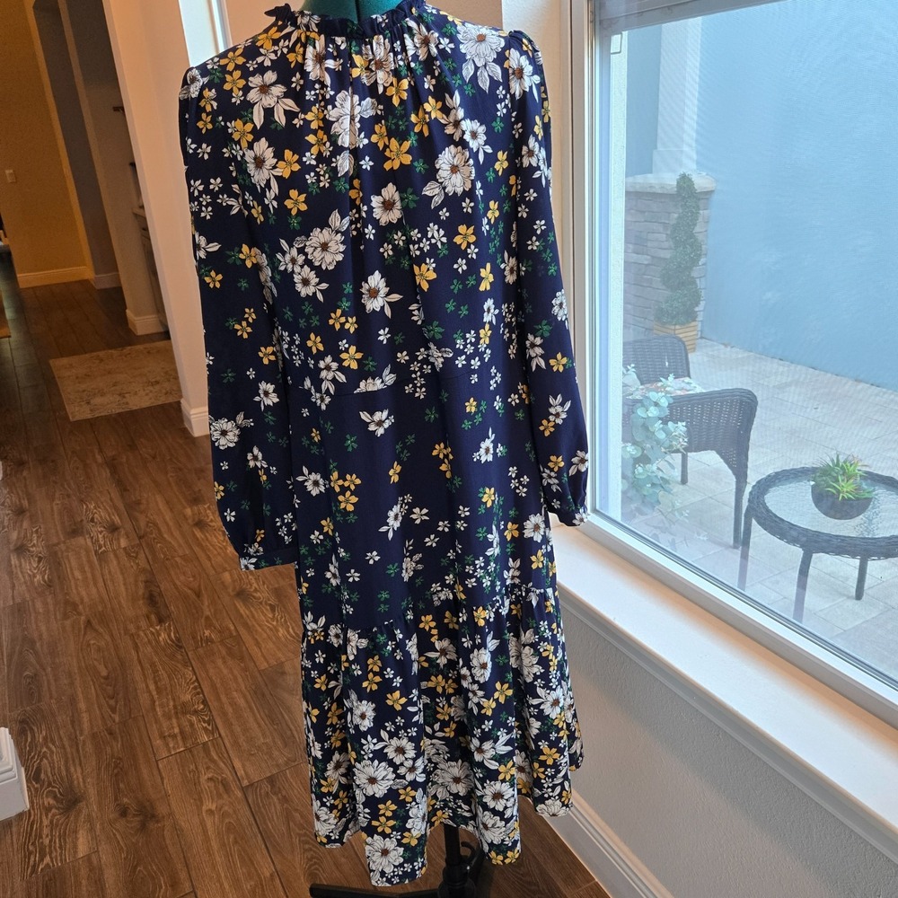 Maggy London Midi Dress Womens 14 Navy Floral Ruffle Tiered Hem Shift Long Slv